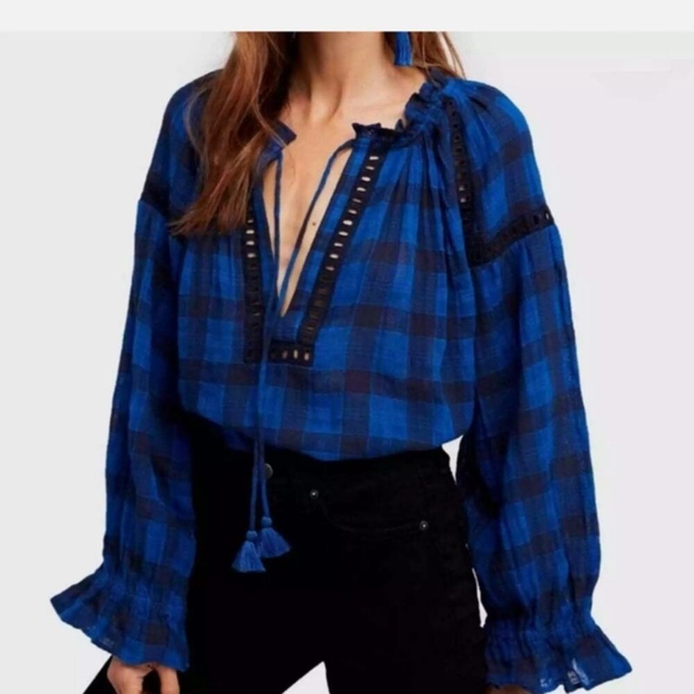 Free People Womens Sz XS Honey Grove Blue Black Check Buffalo Plaid Peasant Top